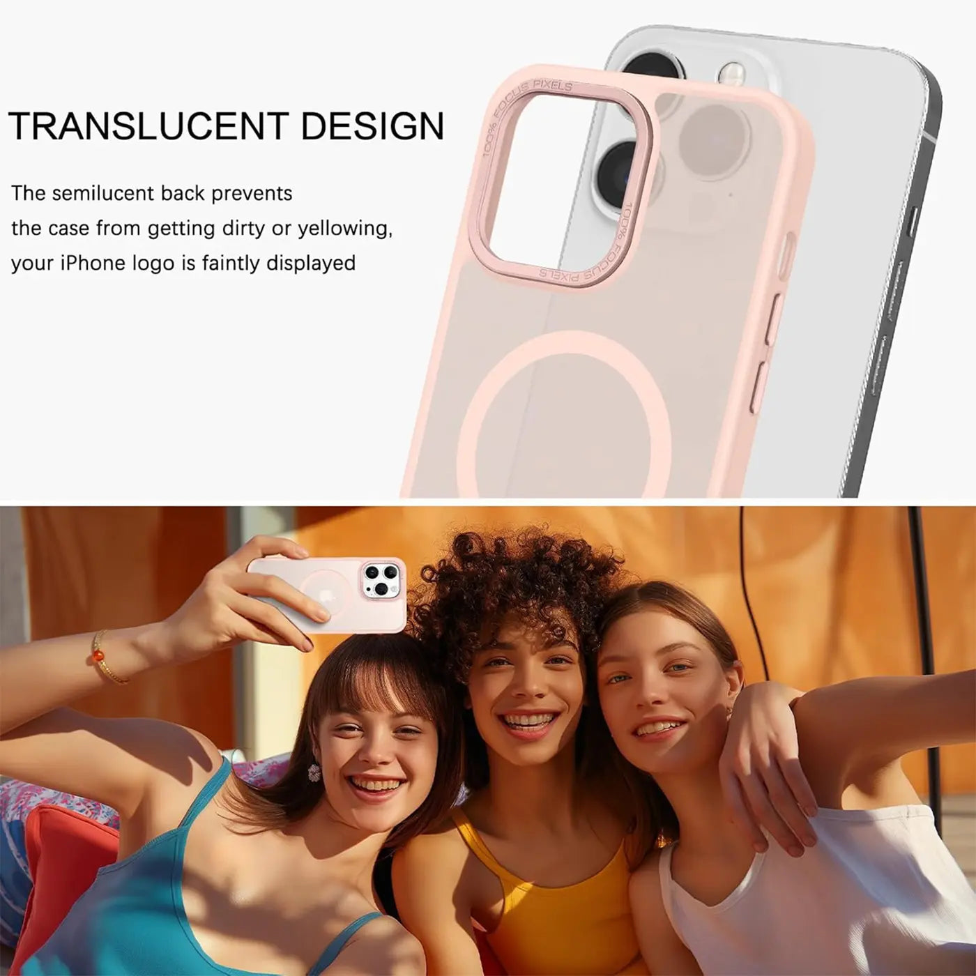 Matt transparente Hülle mit MagSafe-Ring auf einem iPhone 14 Pro, Nahaufnahme.