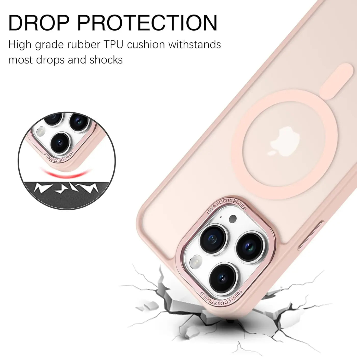Matt transparente Hülle aus TPU für iPhone 14 Pro, Nahaufnahme der Kamera, MagSafe-Ring