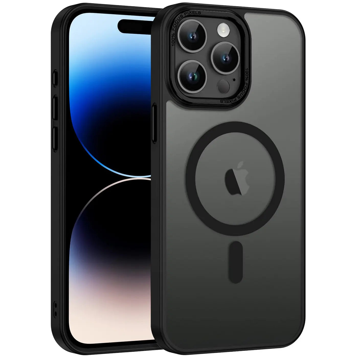 iPhone 14 Pro mit schwarzer MagSafe Hülle, matt transparent, von vorne links