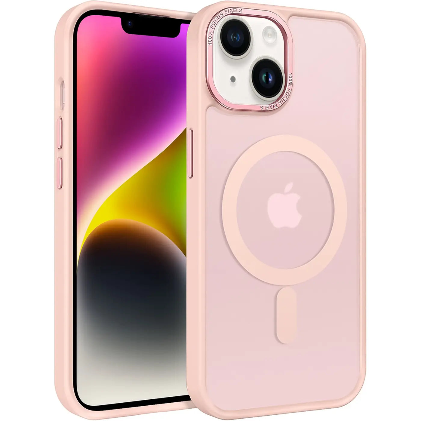 iPhone 14 mit MagSafe Hülle, matt transparent, rosa, von vorne rechts.