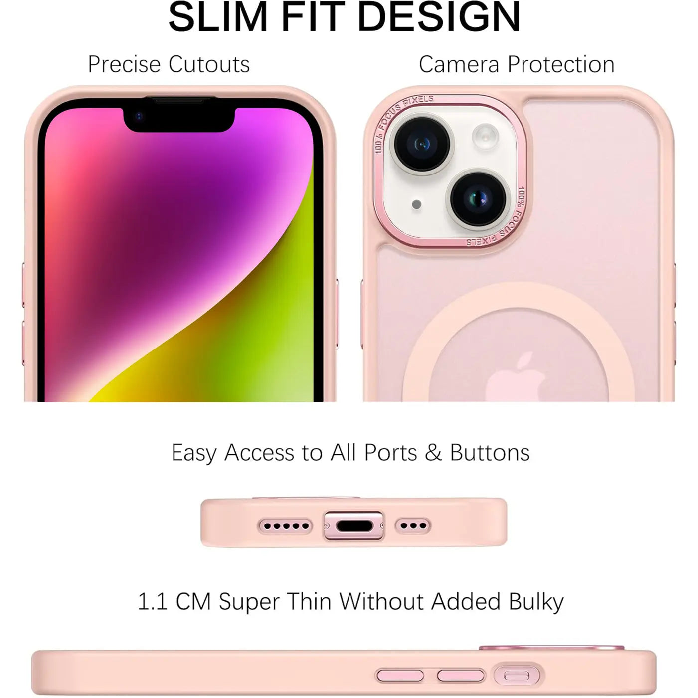 Matt transparente Hülle für iPhone 14, rosa, von vorne und hinten gezeigt.