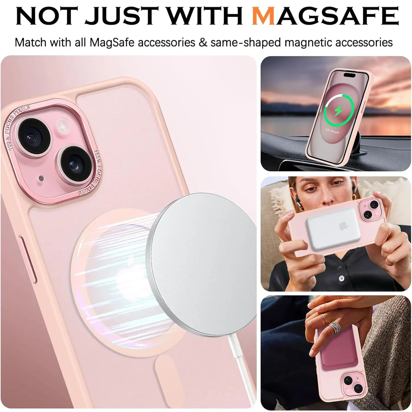Matt transparente Hülle für iPhone 14, Nahaufnahme, MagSafe-Ladegerät wird magnetisch angebracht.