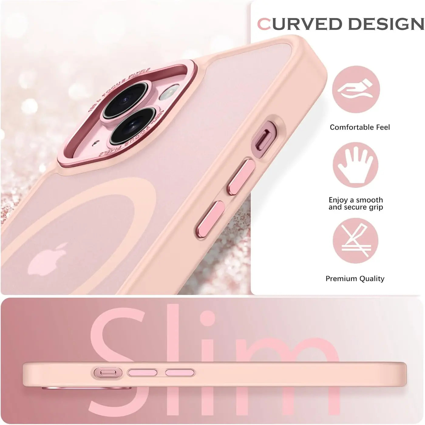 iPhone 14 Hülle, matt transparent, rosa, von der Seite und Rückseite, mit Kameraausschnitt
