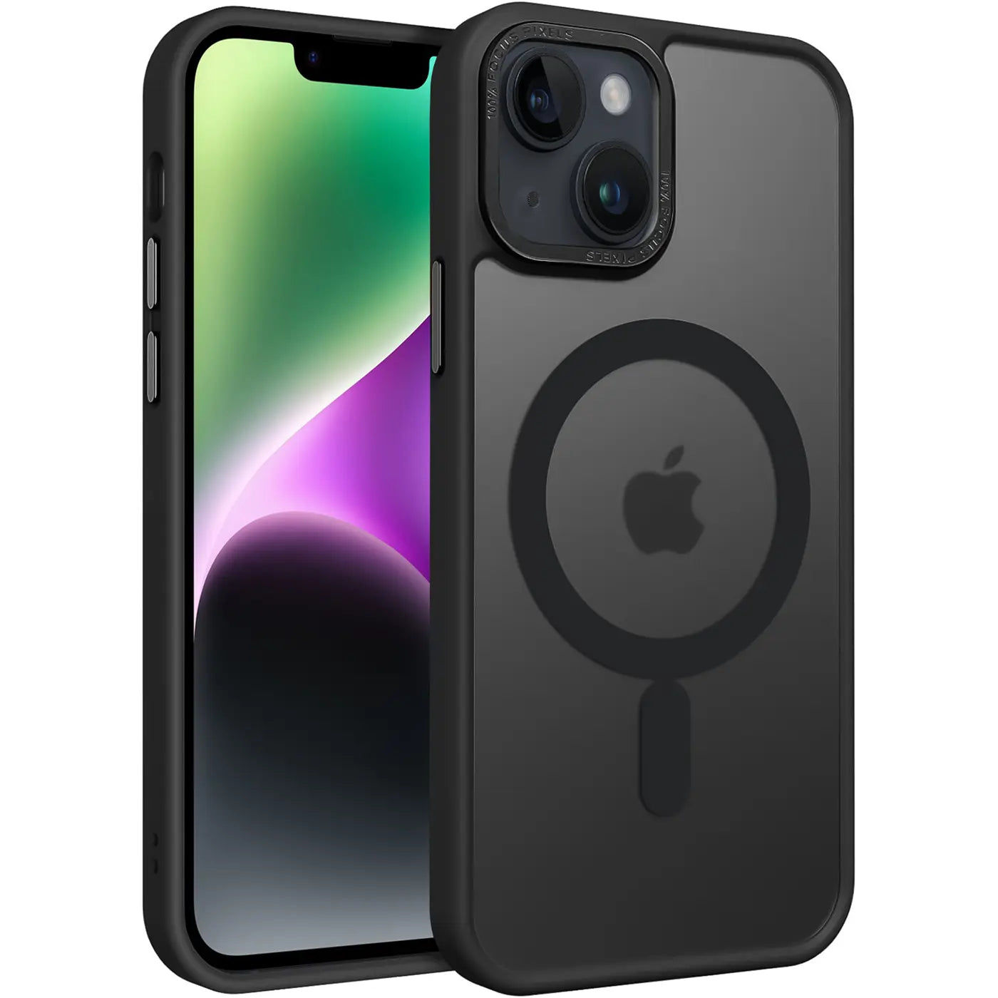 Schwarze, matte, transparente MagSafe-Hülle aus Kunststoff für iPhone 14, von vorne links gezeigt.