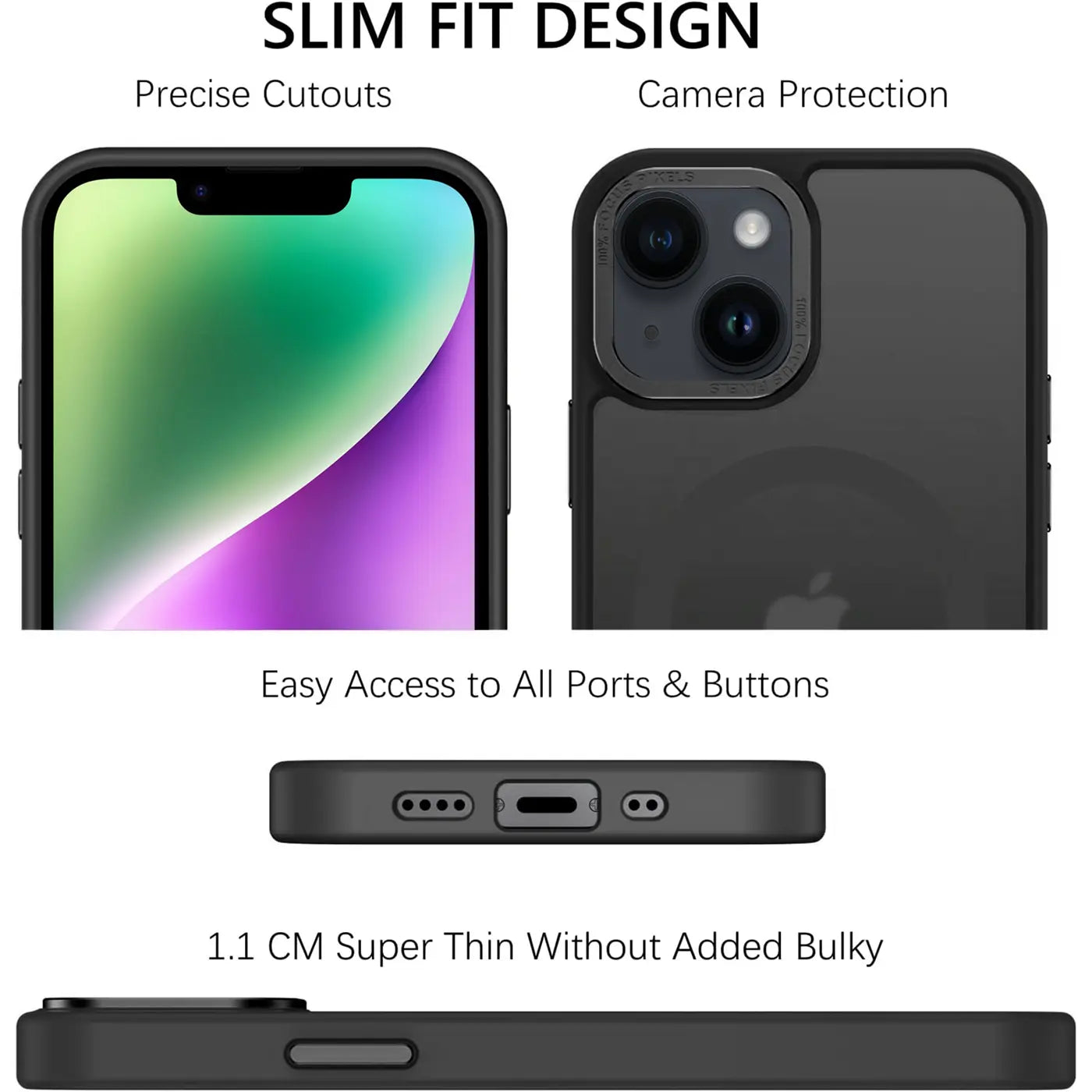 Matt transparente Hülle, Vorder- und Rückansicht, Unterseite und Seitenansicht eines iPhone 14.