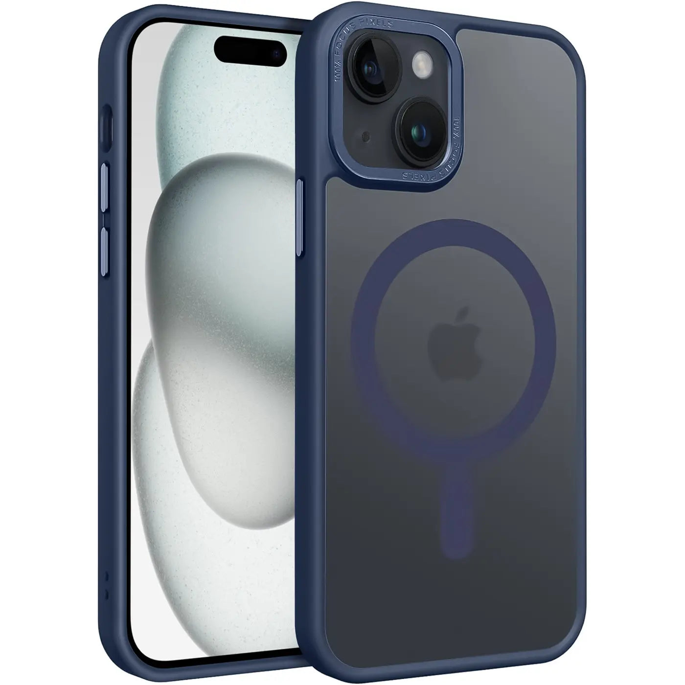Dunkelblaue MagSafe Hülle, matt transparent, iPhone 15, von vorne links