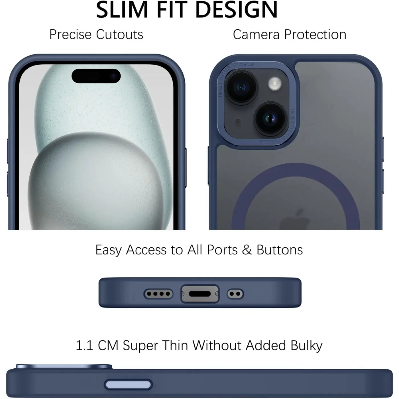 iPhone 15 Hülle, matt transparent, dunkelblau, Vorder- und Rückansicht, Unterseite, Seite.