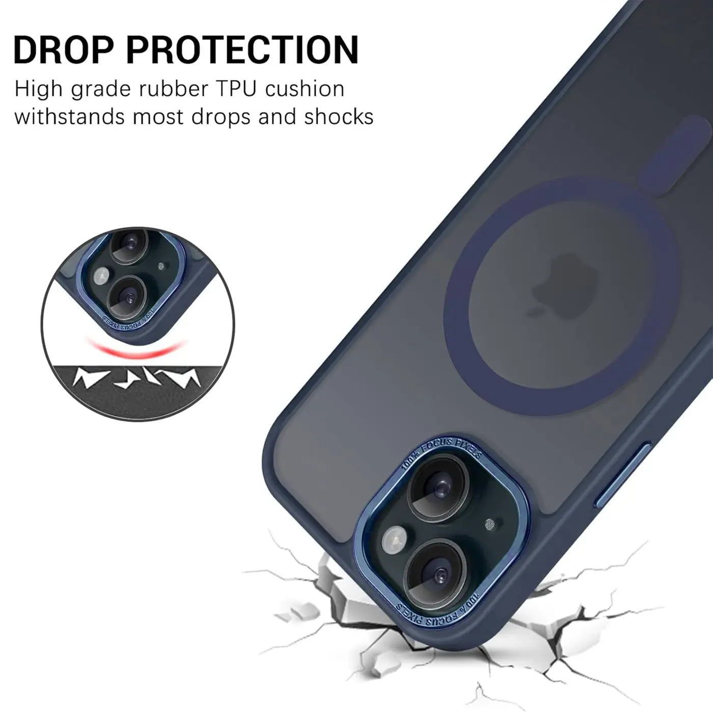 Matt transparente Hülle für iPhone 15, TPU, von schräg unten, MagSafe-Ring sichtbar