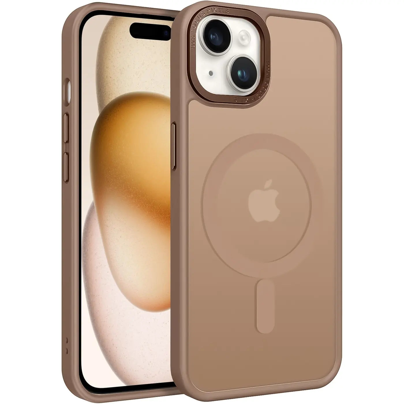 Matt transparente MagSafe Hülle in Braun für iPhone 15, von vorne rechts gesehen.