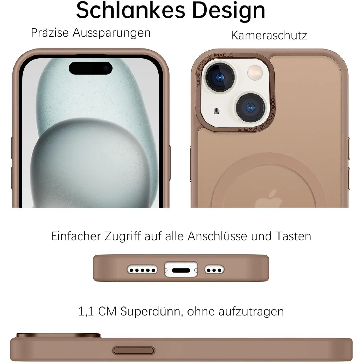 Braune MagSafe Hülle, matt transparent, zeigt iPhone 15 Vorder- und Rückseite, Unterseite und Seitenansicht.