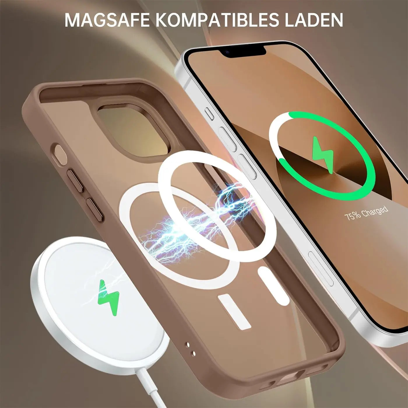 Braune MagSafe Hülle, transparent, mit iPhone 15, Nahaufnahme, von vorne