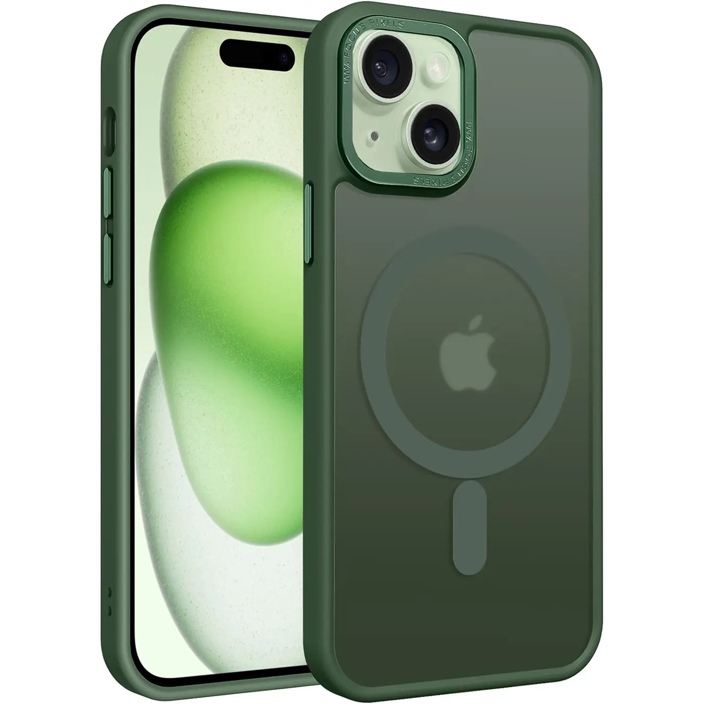 Dunkelgrüne MagSafe-Hülle, matt transparent, aus Kunststoff, von vorne links, zeigt iPhone 15.
