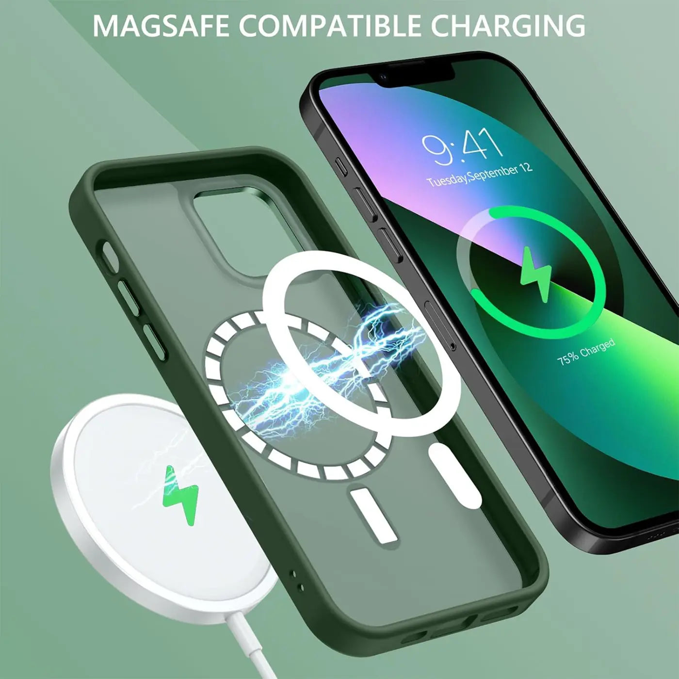Grüne MagSafe Hülle, matt transparent, mit iPhone 15 und Ladegerät.