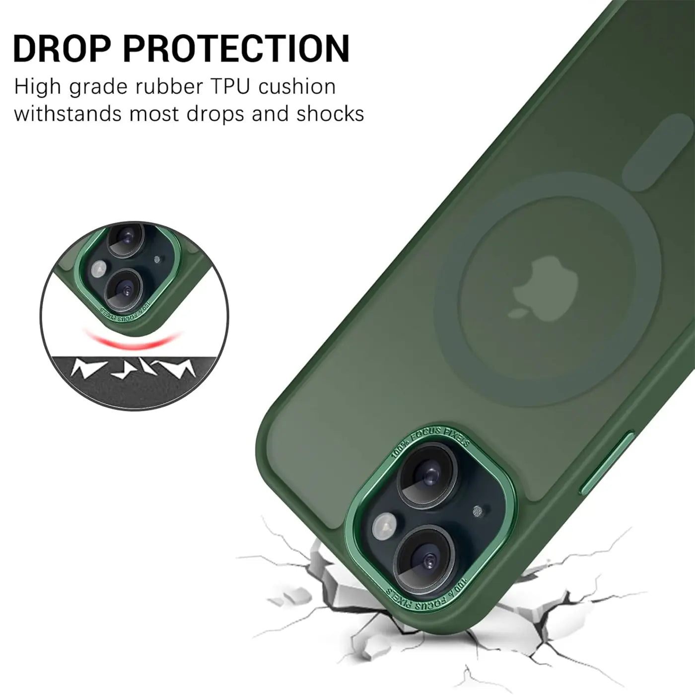 Dunkelgrüne MagSafe Hülle, matt transparent, aus TPU, von hinten, iPhone 15 mit Kameras.