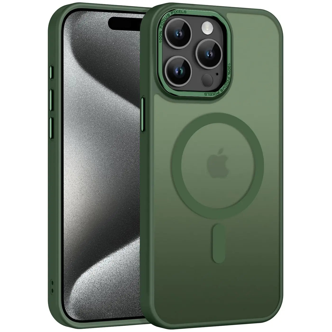 Dunkelgrüne, matte, transparente MagSafe-Hülle aus Kunststoff, seitliche Ansicht, auf iPhone 15 Pro.
