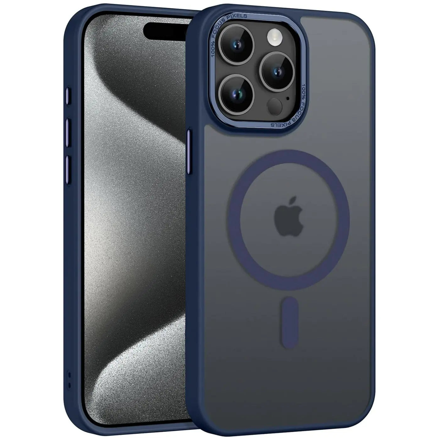 Matt transparente Hülle mit MagSafe für iPhone 15 Pro Max, blaue Ränder, von vorne links