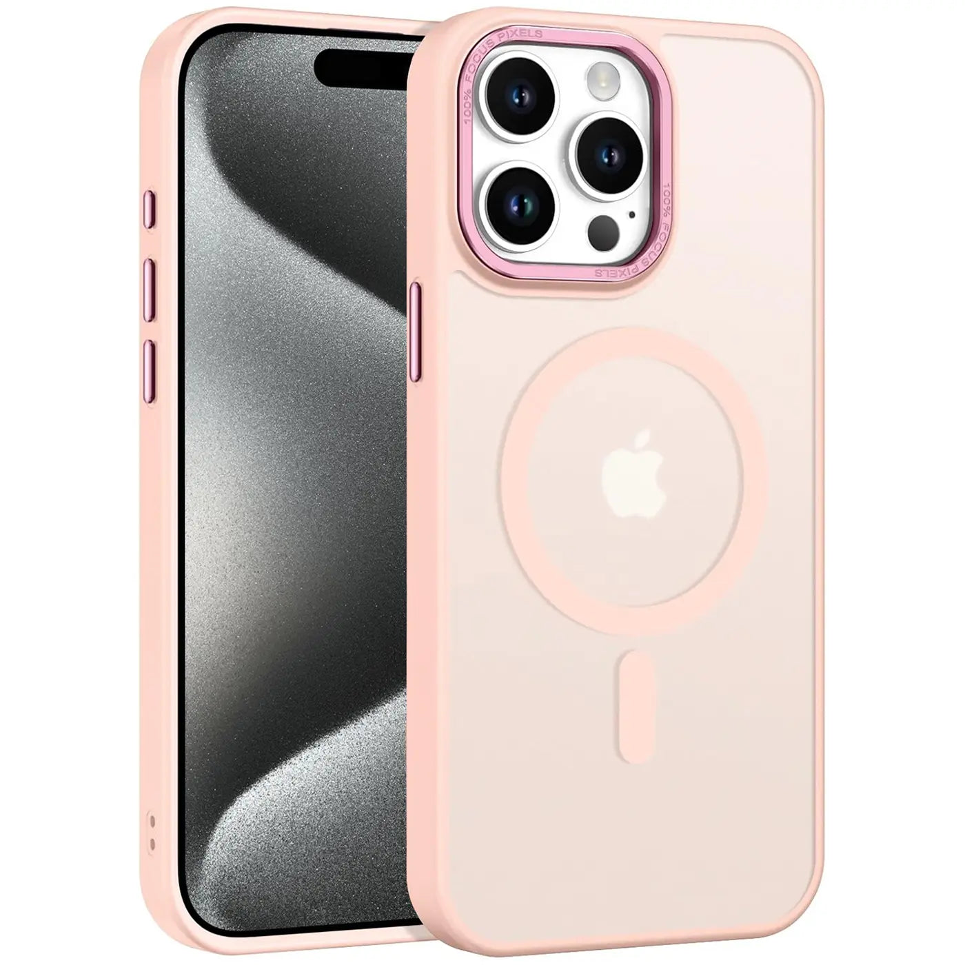 iPhone 15 Pro Max mit MagSafe Hülle, matt transparent, rosa, von vorne schräg