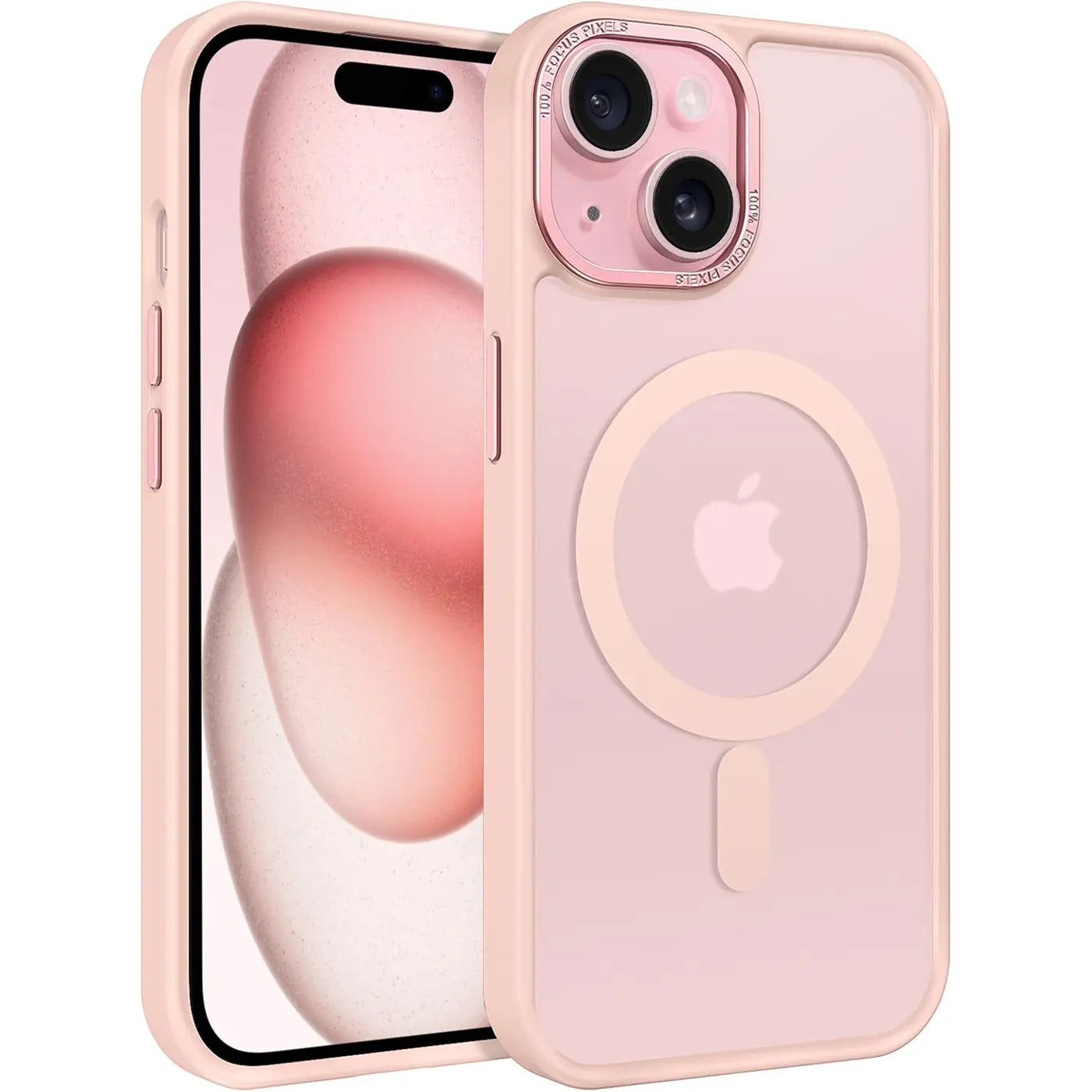 iPhone 15 Hülle, matt transparent, rosa, MagSafe Ring, von vorne links
