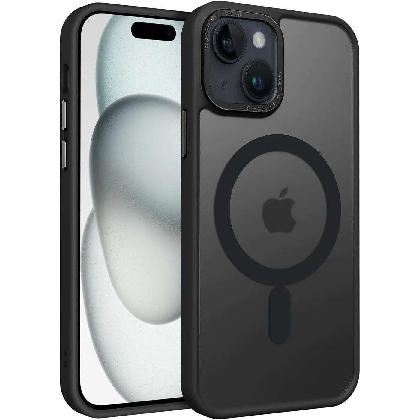 iPhone 15 mit MagSafe Hülle, matt transparent, schwarzes Material, von vorne links gesehen.
