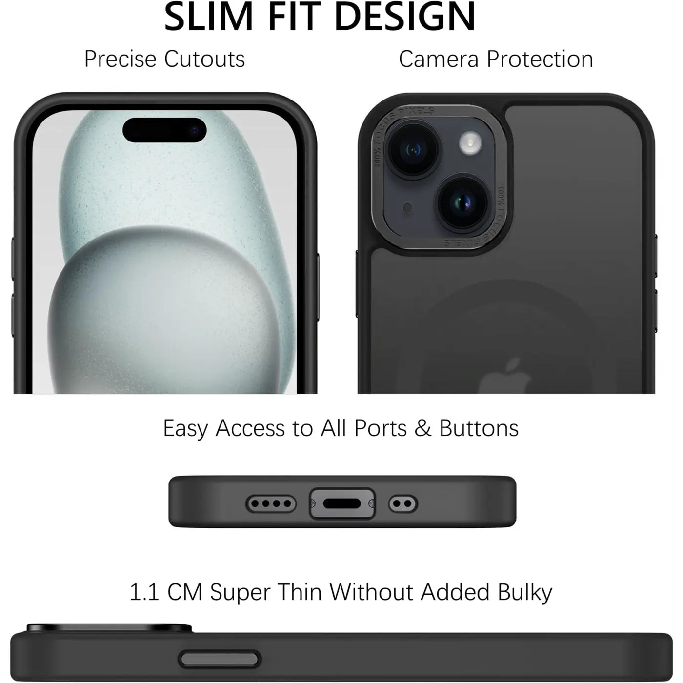 Matt transparente Hülle mit schwarzem Rand für iPhone 15. Front-, Rück-, Unter- und Seitenansicht.