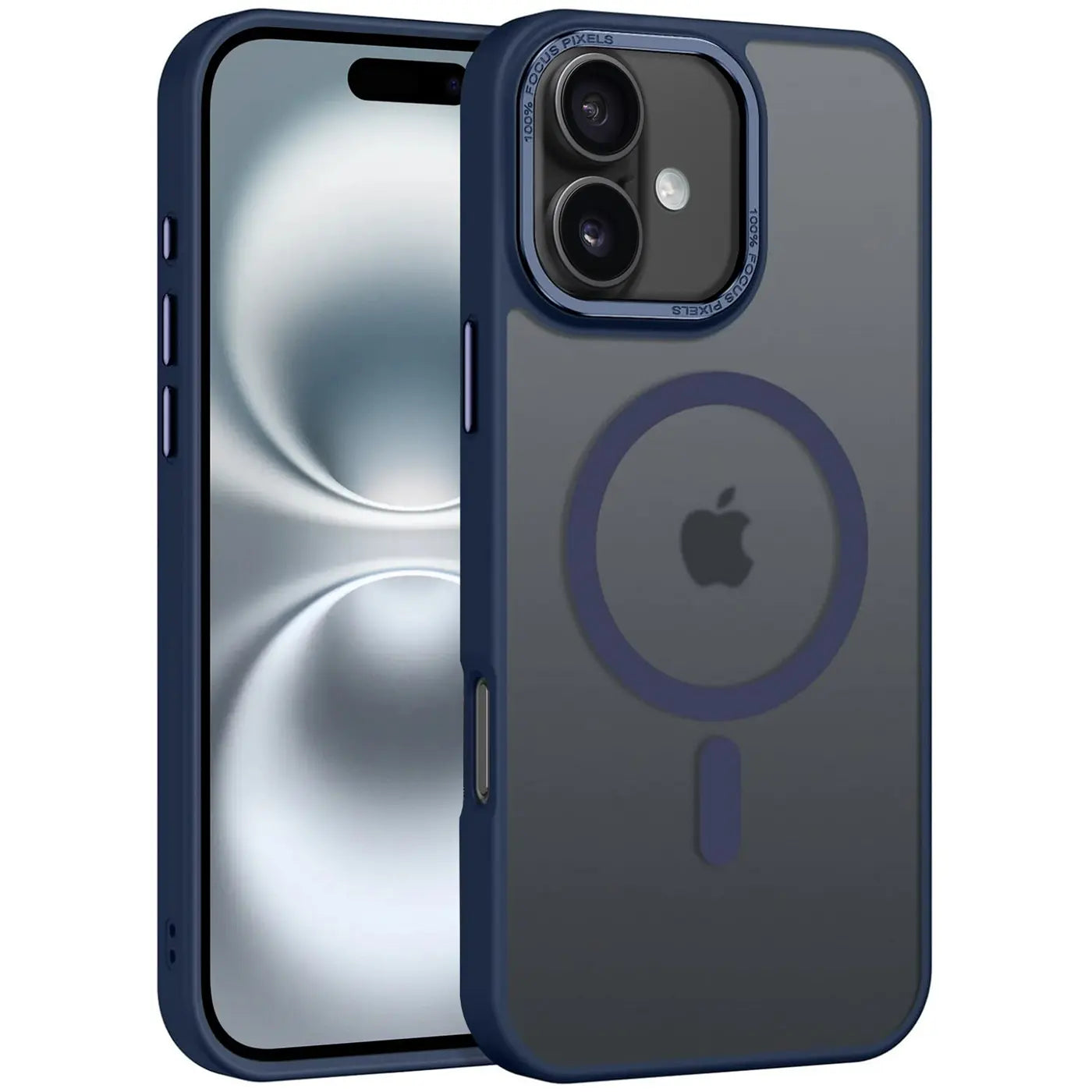 Dunkelblaue MagSafe Hülle, matt transparent, iPhone 16, von vorne links