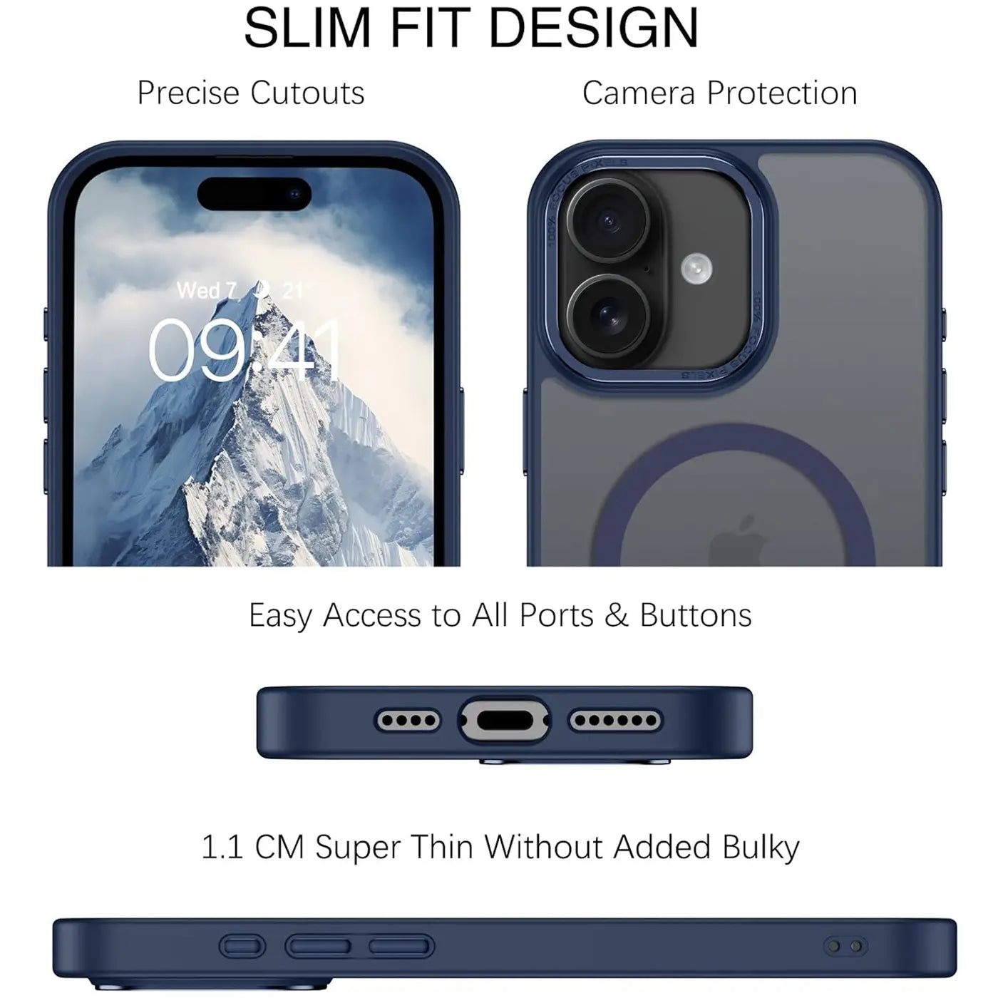 Dunkelblaue MagSafe Hülle, matt transparent, von vorne und hinten, zeigt iPhone 16.