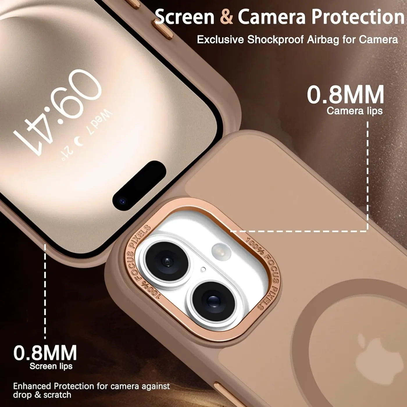 Matt transparente Hülle, beige, Nahaufnahme, iPhone 16 mit MagSafe-Ring