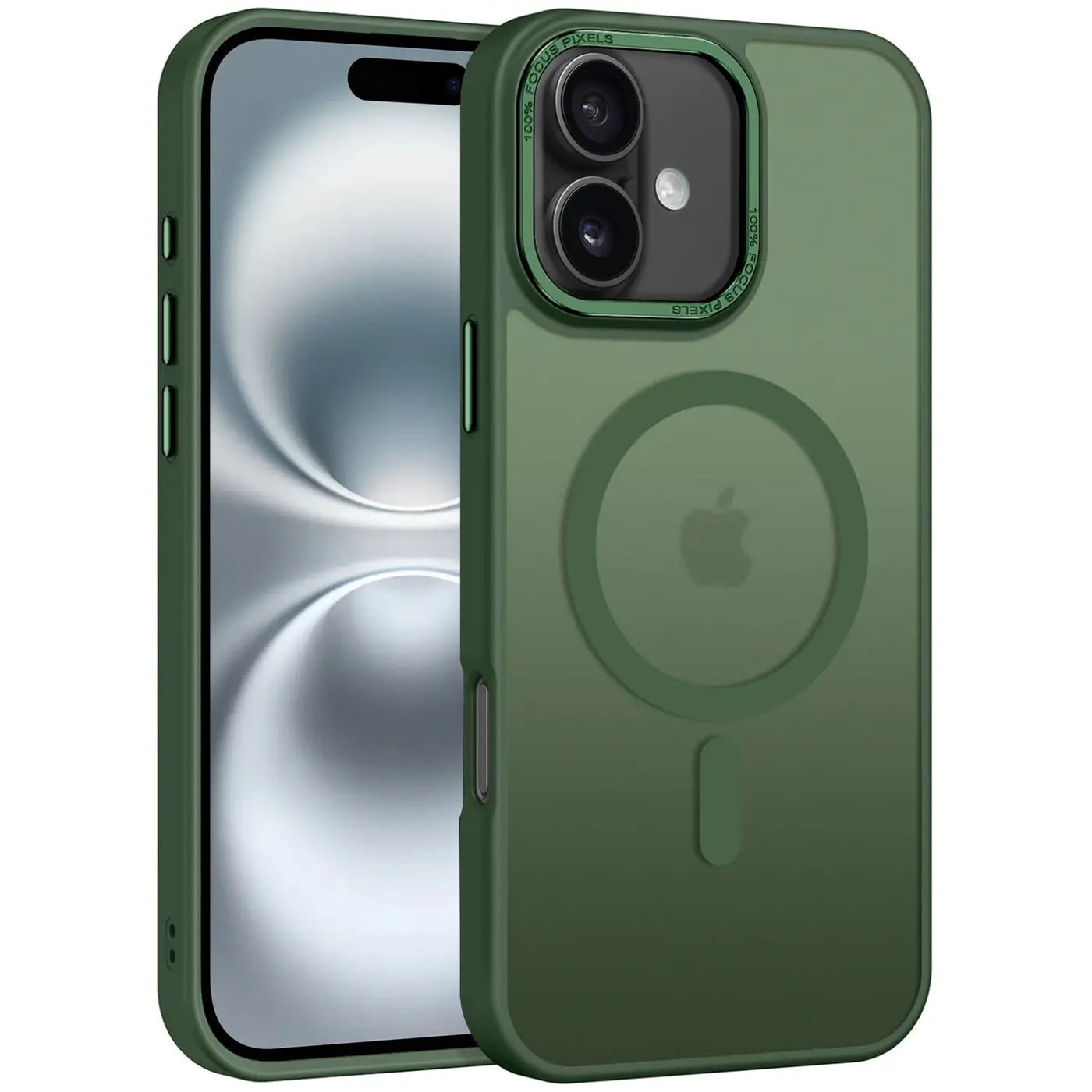 Grüne MagSafe Hülle, matt transparent, von vorne links, zeigt iPhone 16.