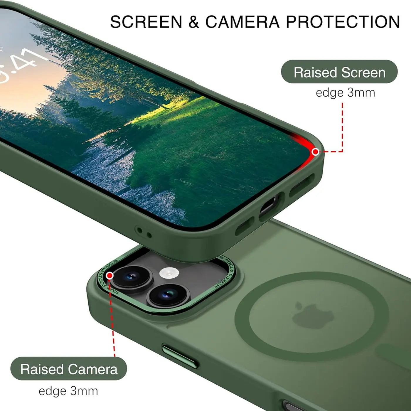 Grüne MagSafe-Hülle, matt transparent, zeigt iPhone 16 mit erhöhter Bildschirm- und Kameraabdeckung.