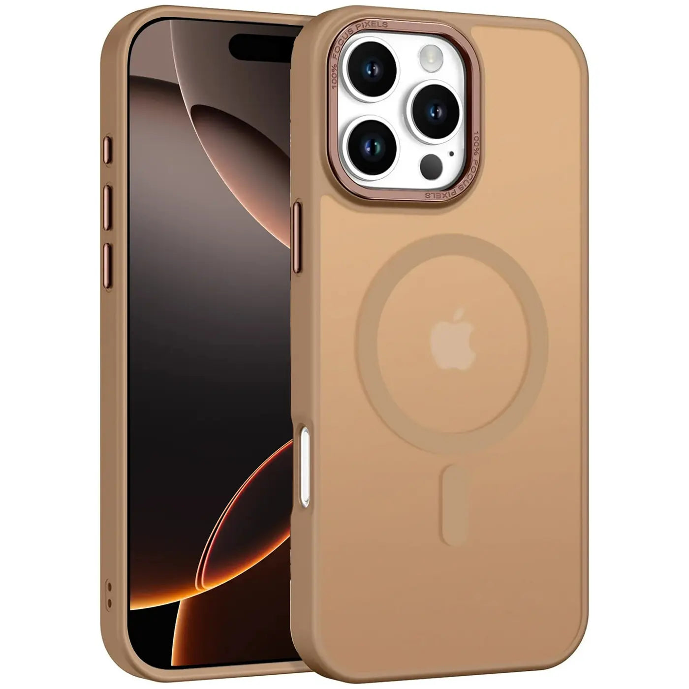 Matt transparente Hülle in Beige für iPhone 16 Pro, MagSafe-Ring sichtbar, von vorne.