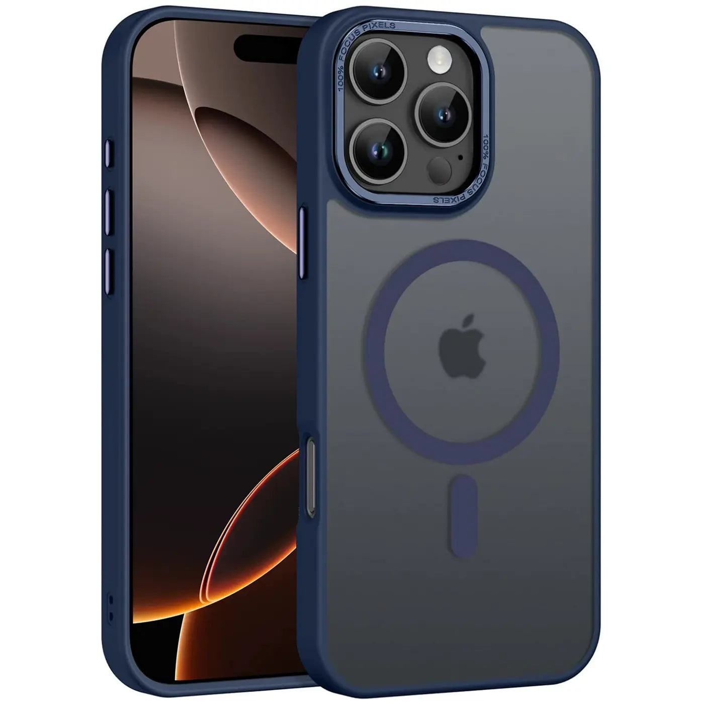 Dunkelblaue MagSafe Hülle, matt transparent, iPhone 16 Pro Max, von vorne links