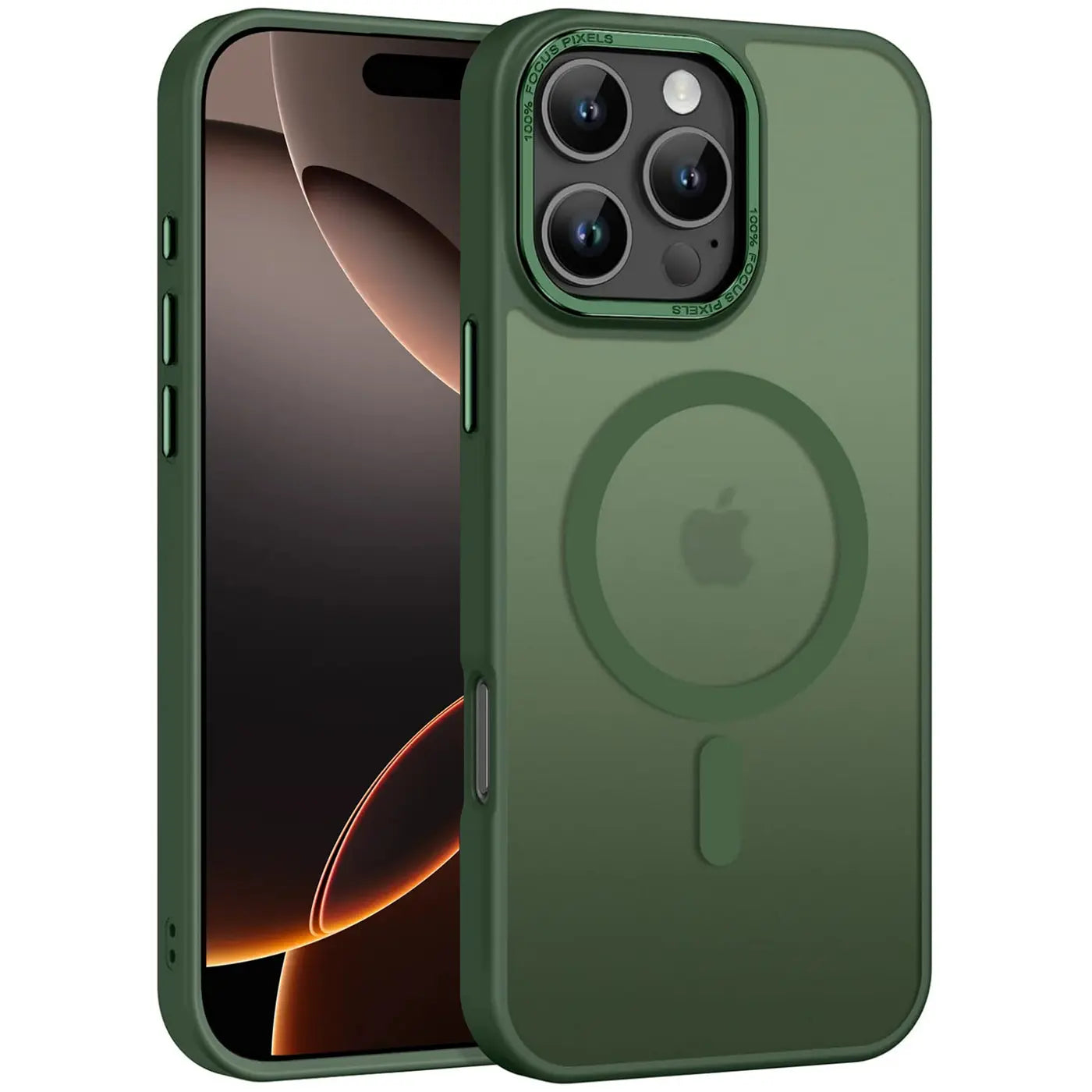 Grüne MagSafe Hülle, matt transparent, von vorne links, zeigt iPhone 16 Pro Max.