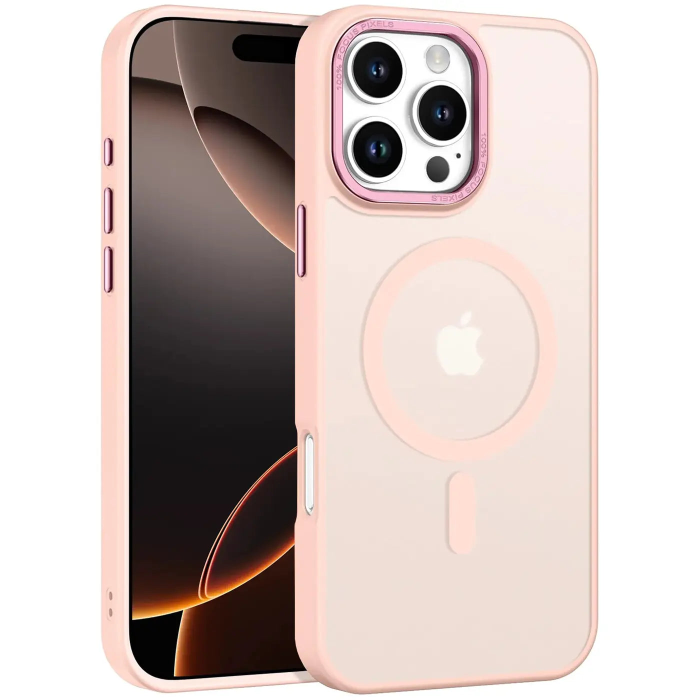 iPhone 16 Pro mit MagSafe Hülle, matt transparent, rosa, von vorne links