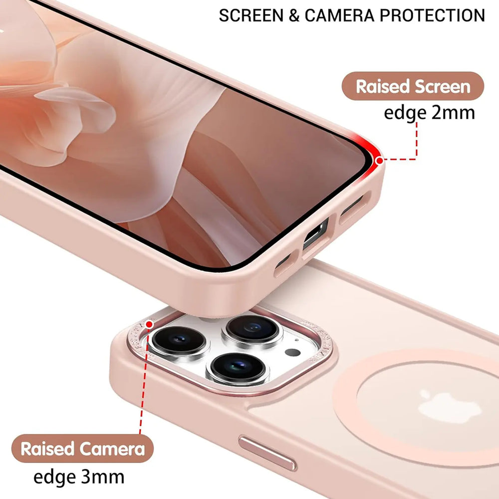 Matt transparente Hülle für iPhone 16 Pro, rosa, von oben, mit erhöhten Kanten.