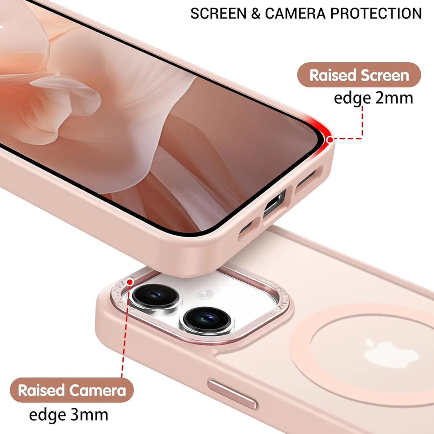 Rosa MagSafe Hülle, matt transparent, zeigt iPhone 16 mit erhöhten Kanten.