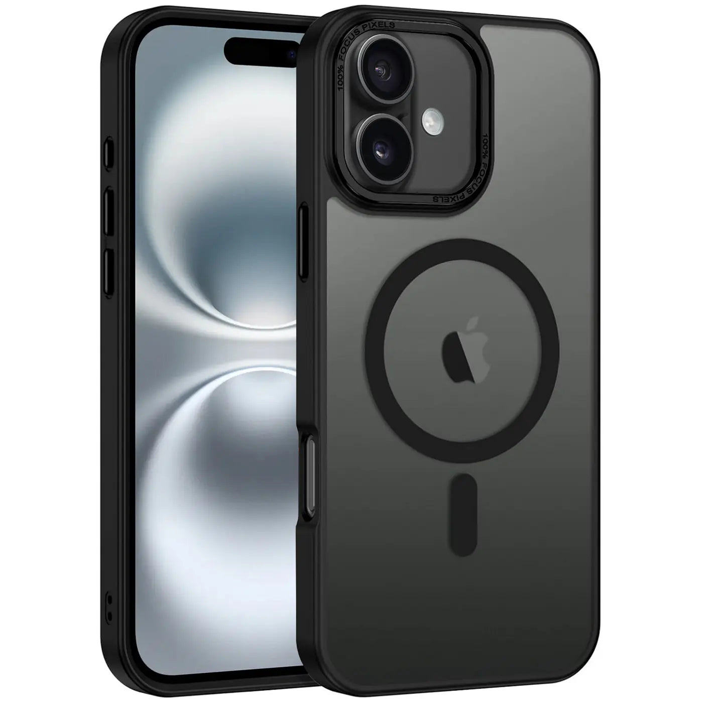 Matt transparente Hülle mit MagSafe-Ring für iPhone 16, von vorne links gesehen.