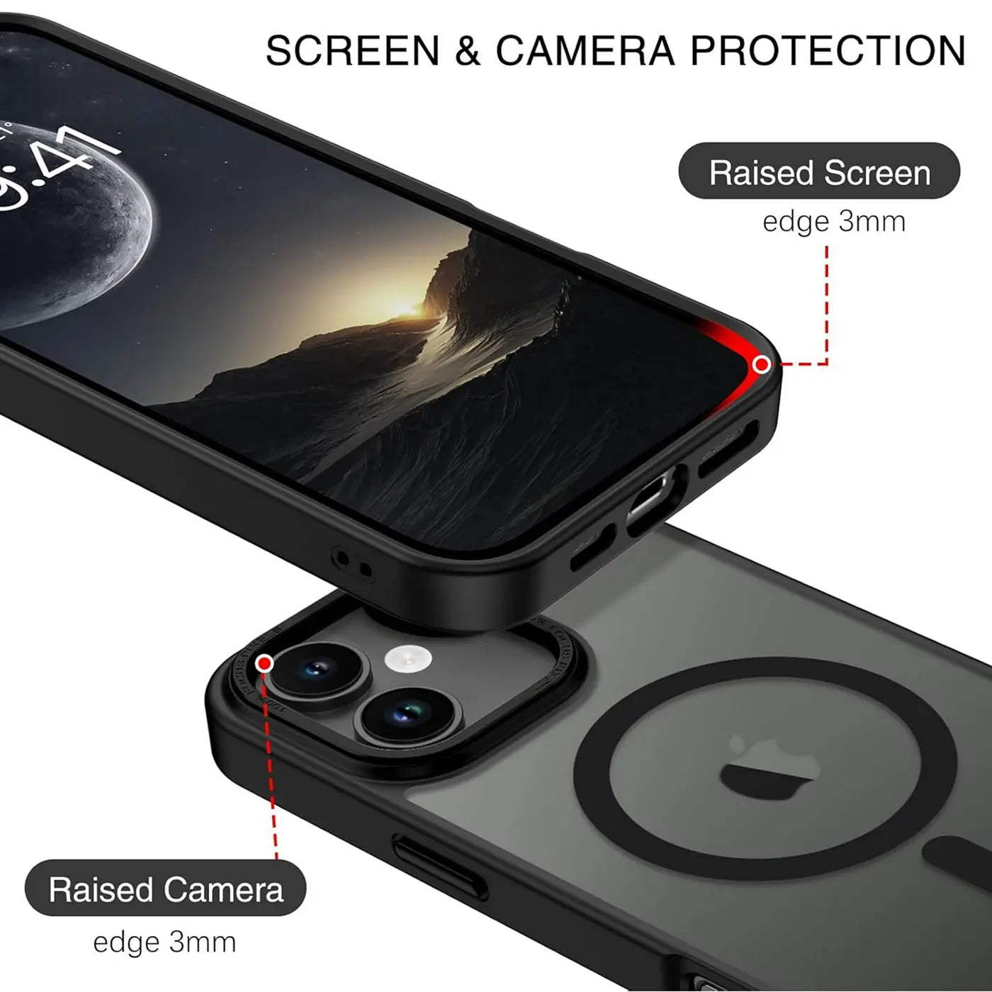 Matt transparente Hülle mit MagSafe-Ring auf schwarzem iPhone 16, Nahaufnahme.