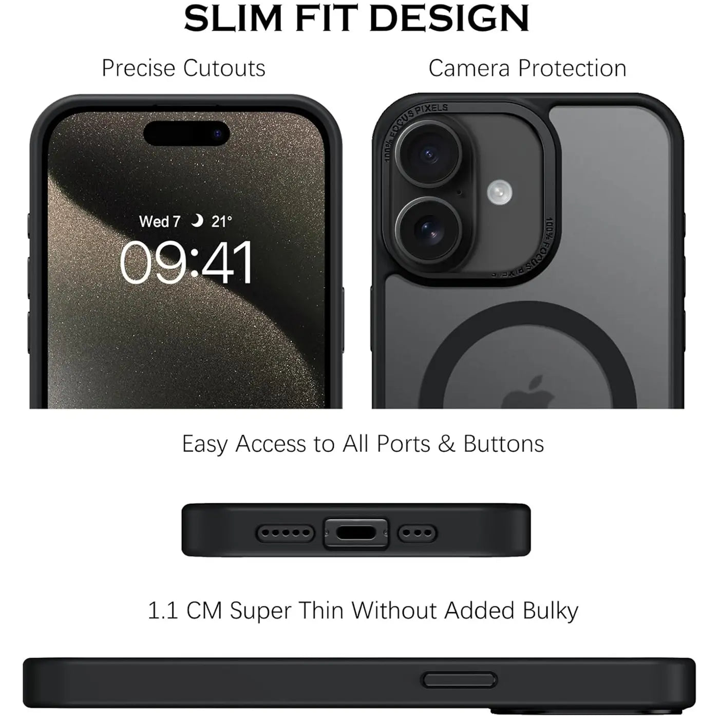 Matt transparente Hülle für iPhone 16, Vorder- und Rückansicht, schwarzer Rahmen, MagSafe-Ring.