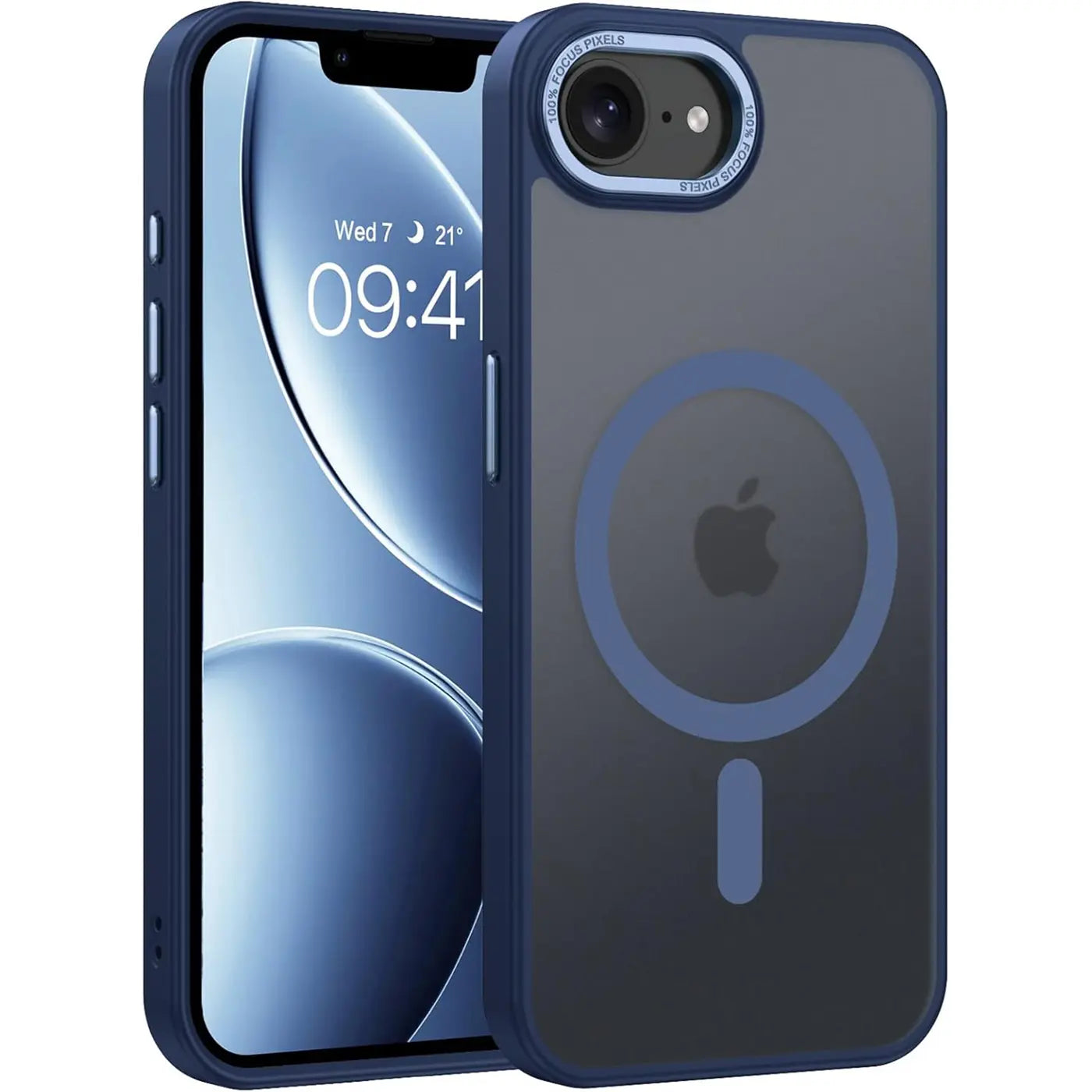 Dunkelblaue MagSafe Hülle, matt transparent, mit iPhone 16e, von vorne links