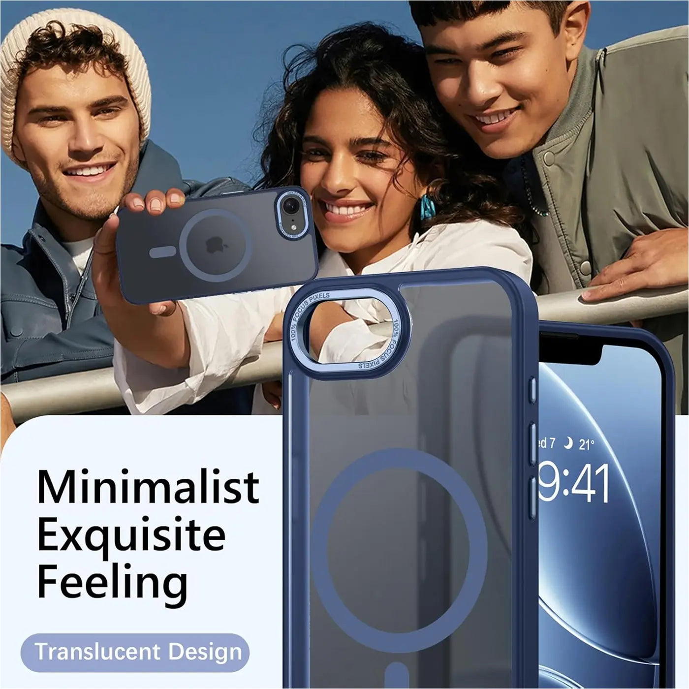 Dunkelblaue, matte, transparente MagSafe-Hülle für iPhone 16e, von vorne gezeigt.
