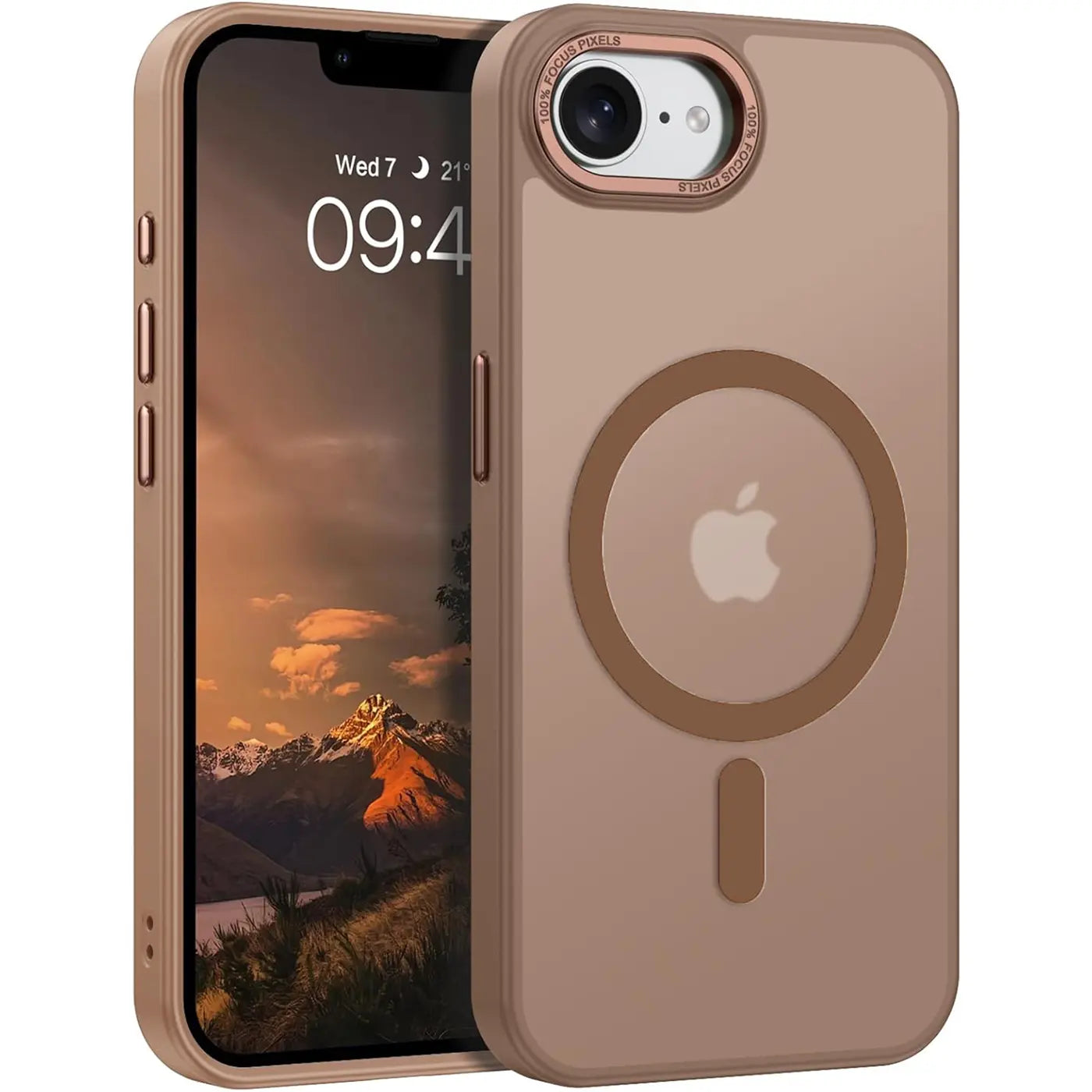 Matt transparente Hülle, braun, MagSafe, iPhone 16e, Vorder- und Rückansicht