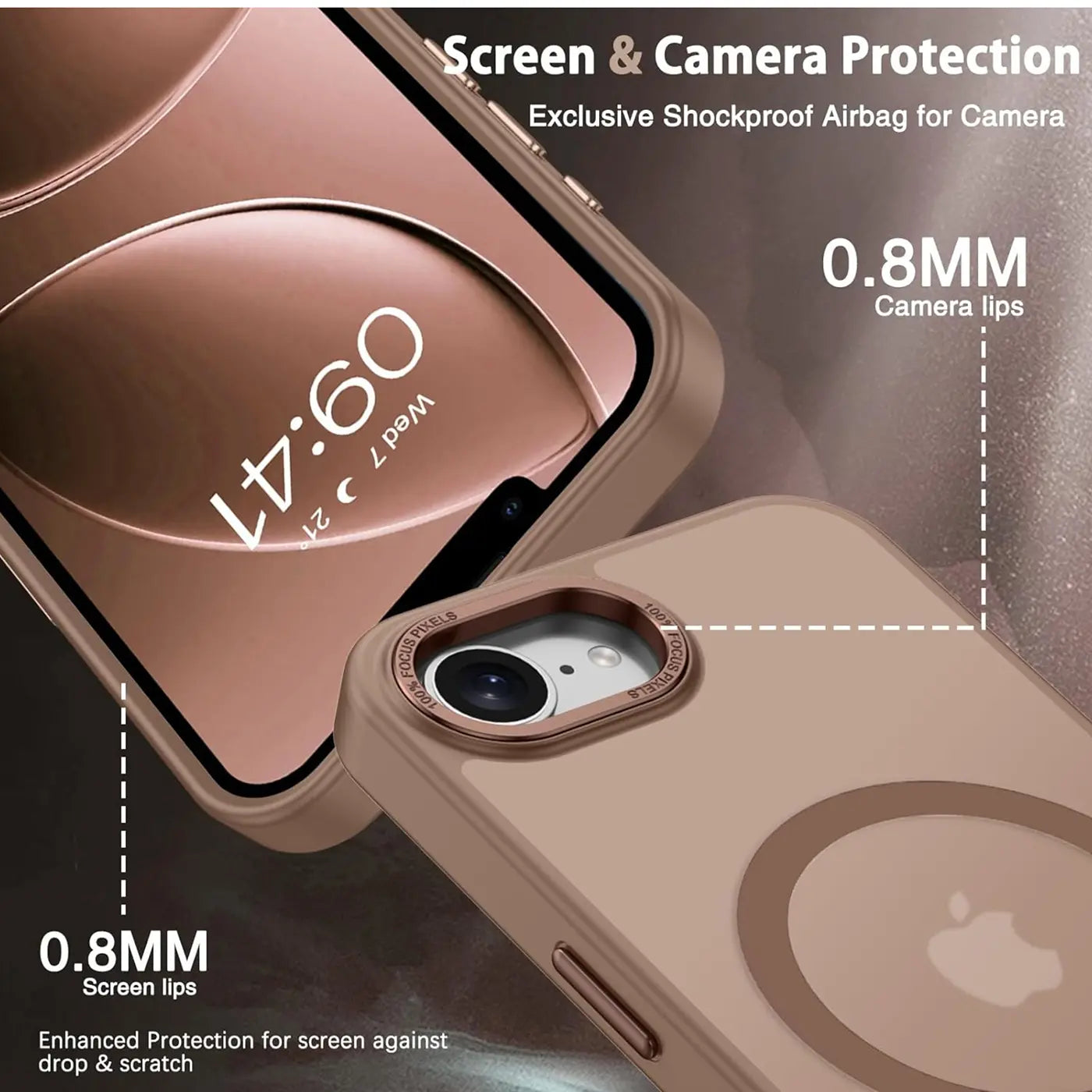 Matt transparente Hülle aus Kunststoff, Nahaufnahme, zeigt iPhone-Kamera und MagSafe-Ring.