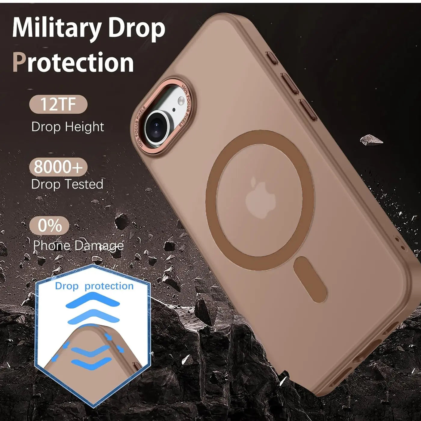 Matt transparente Hülle für iPhone 16e, von schräg oben, mit MagSafe-Ring.