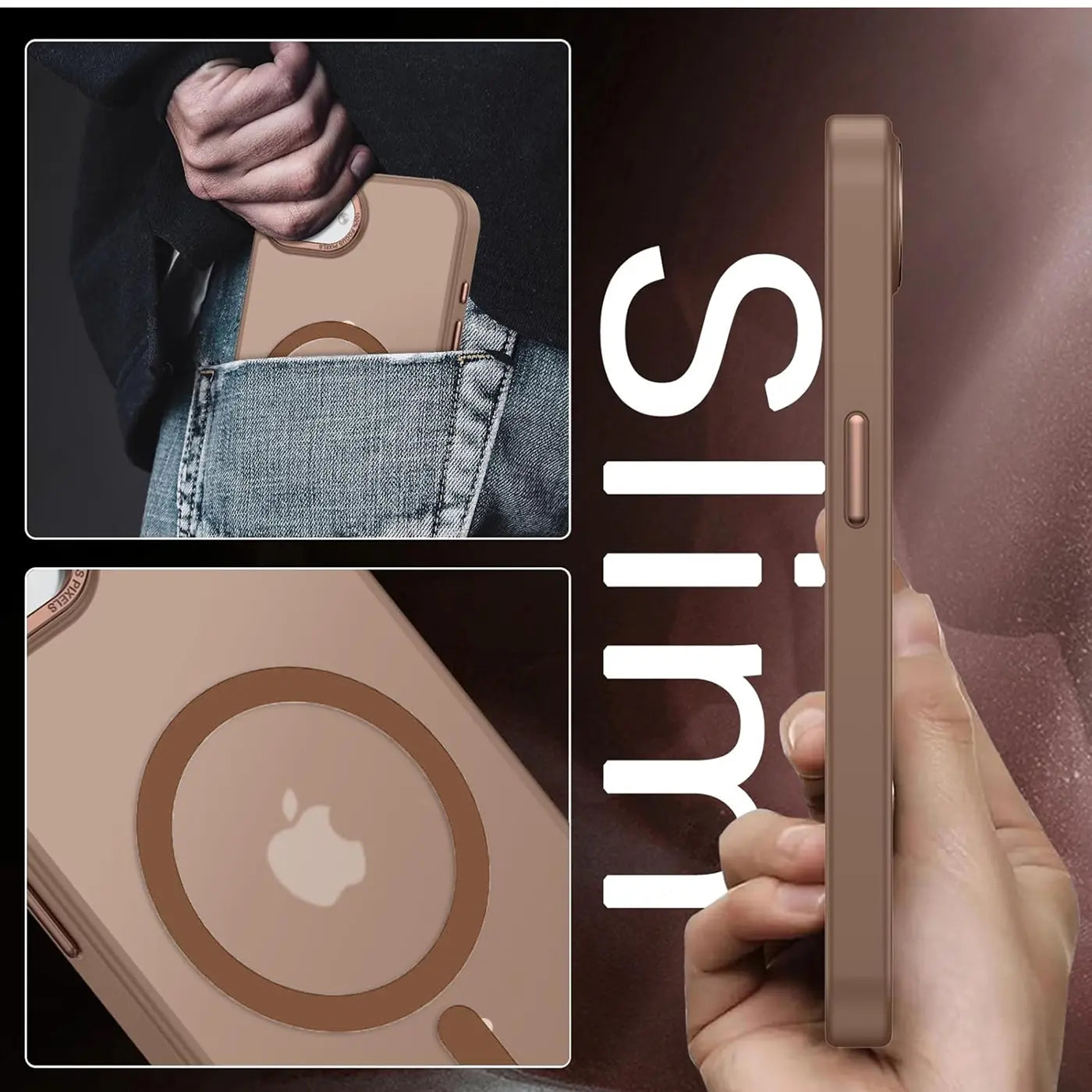 Matt transparente Hülle für iPhone 16e, Braun, von hinten und Seite gezeigt.