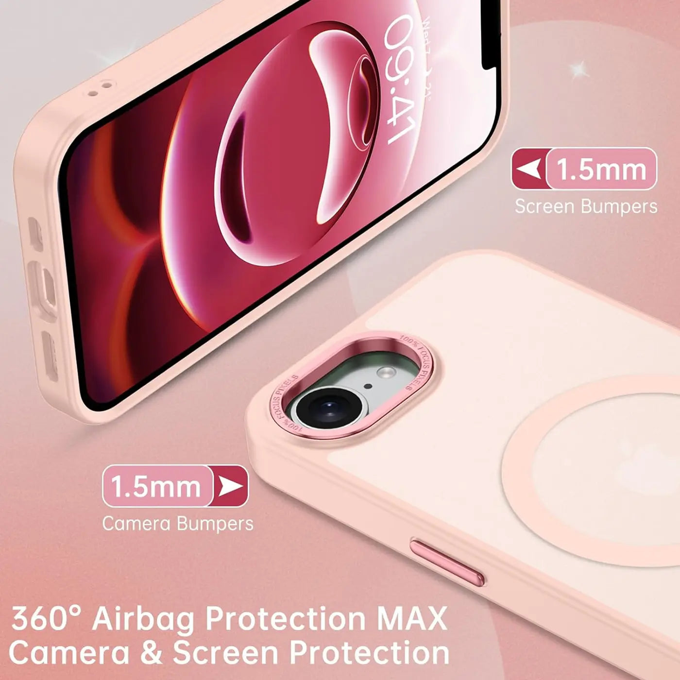 iPhone 16e Hülle, matt transparent, rosa, Nahaufnahme, MagSafe-Ring sichtbar