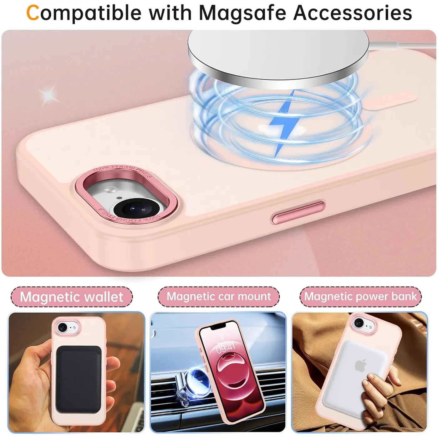 Matt transparente Hülle, rosa, zeigt iPhone mit MagSafe-Ladegerät.