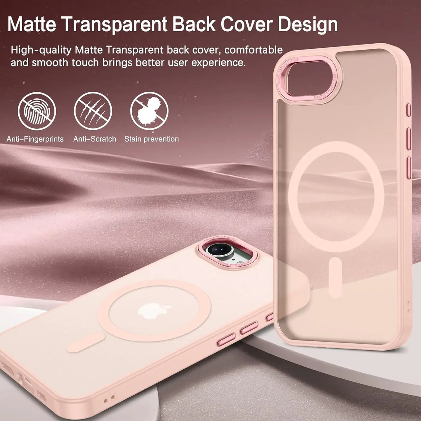 Matt transparente Hülle, rosa, MagSafe, iPhone 16e, von vorne/oben