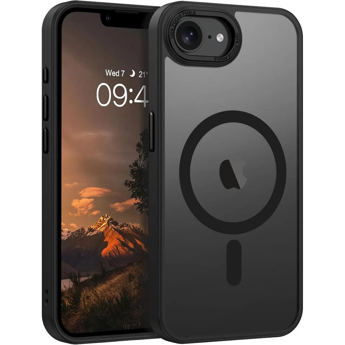 Matt transparente Hülle mit MagSafe-Ring auf schwarzem iPhone 16e. Seitenansicht.