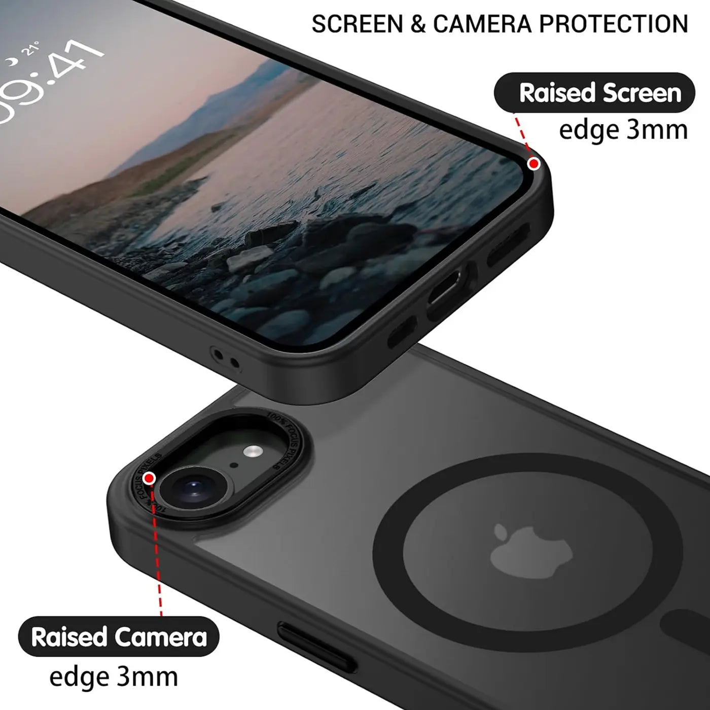 Matt transparente Hülle, iPhone 16e, Nahaufnahme, Rückseite & Vorderseite, MagSafe-Ring