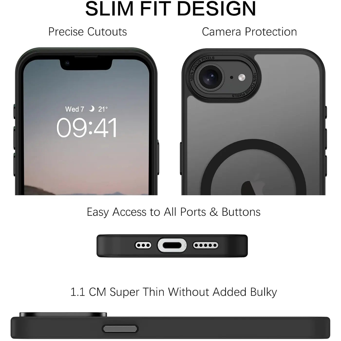 Matt transparente iPhone 16e Hülle, Vorder- und Rückansicht, Unterseite, Seitenansicht.